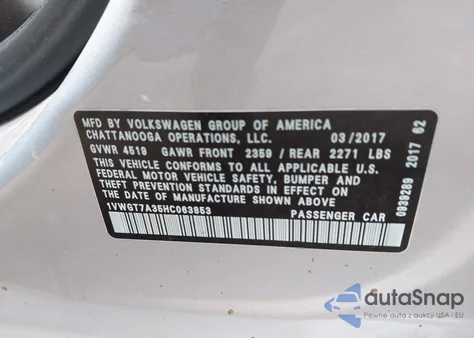 2017 Volkswagen Passat 1.8T Se из США, поврежденный, VIN 1VWGT7A35HC063853